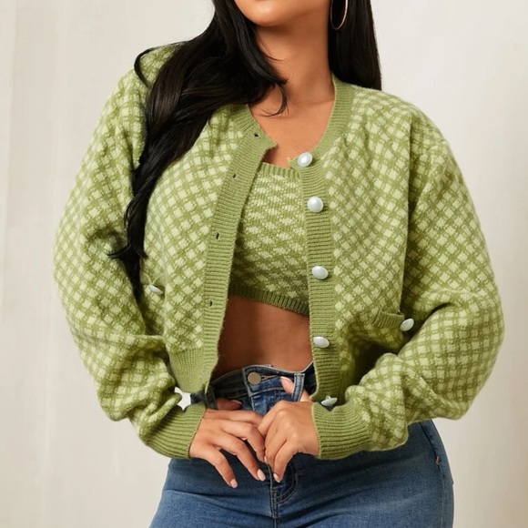 Argyle Pattern Pocket Detail Cardigan & Crop Knit Top - Picture 1 of 2